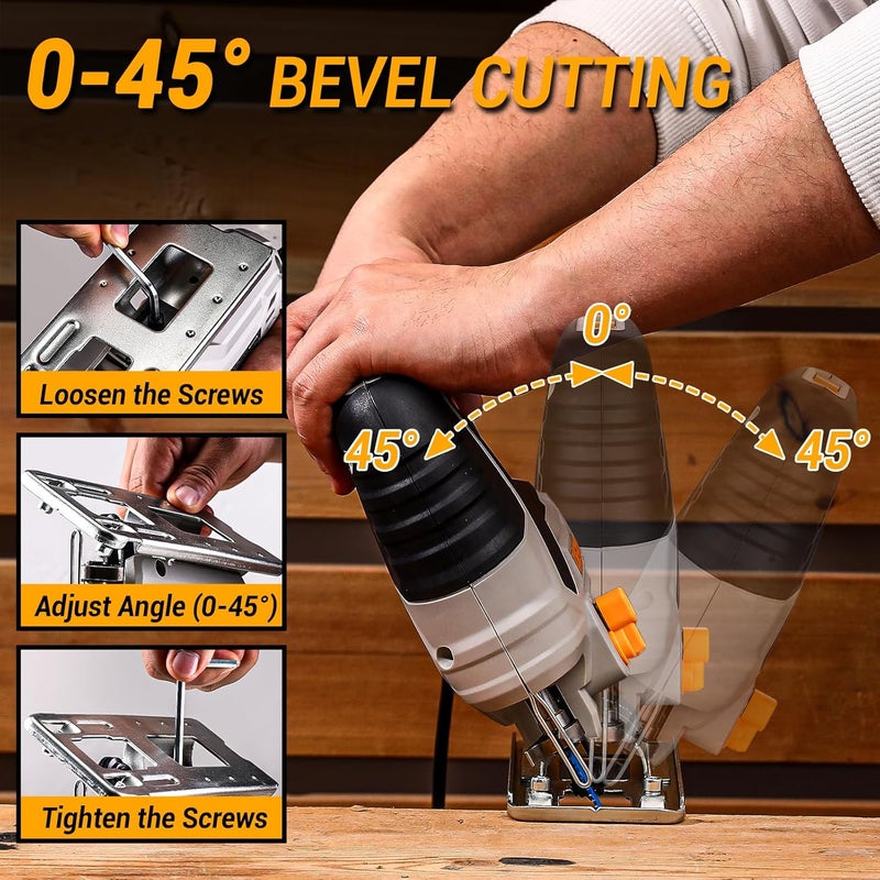 DEKOPRO Jig Saw Corded: Electric Jigsaw Tool Power Jig Saws for Woodworking, Wood Cutter Hand Tool with 6 Variable Speed, 4 Orbital Settings, ±45° Bevel Cutting, Tool-less Blade Quick Release - Image 3